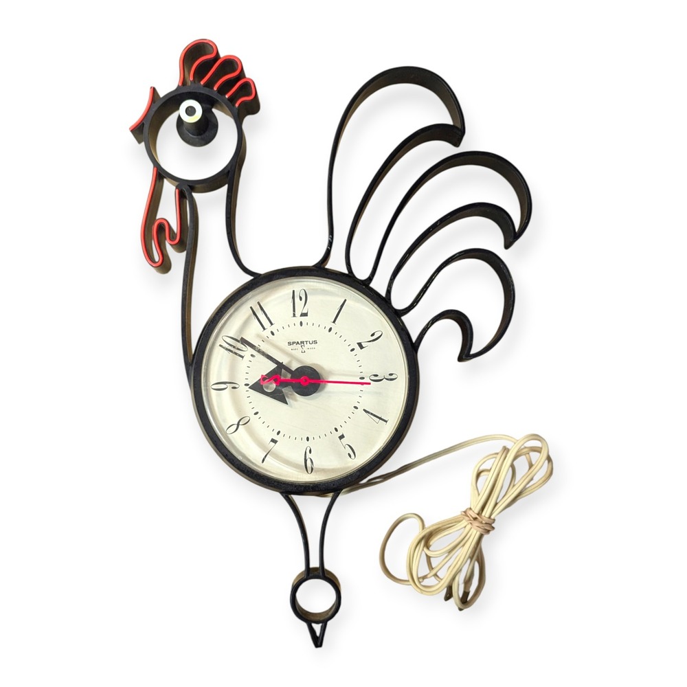 Vintage Spartus Rooster Wall Clock Model 706 Black Red Mid Century Farmhouse MCM